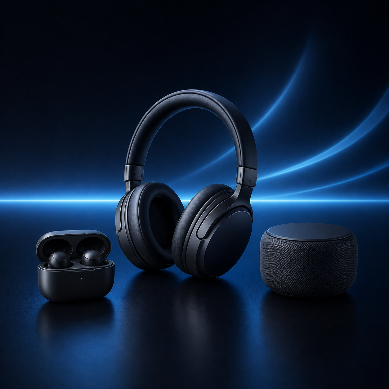 Audio collection with headphones, earbuds and smart speaker