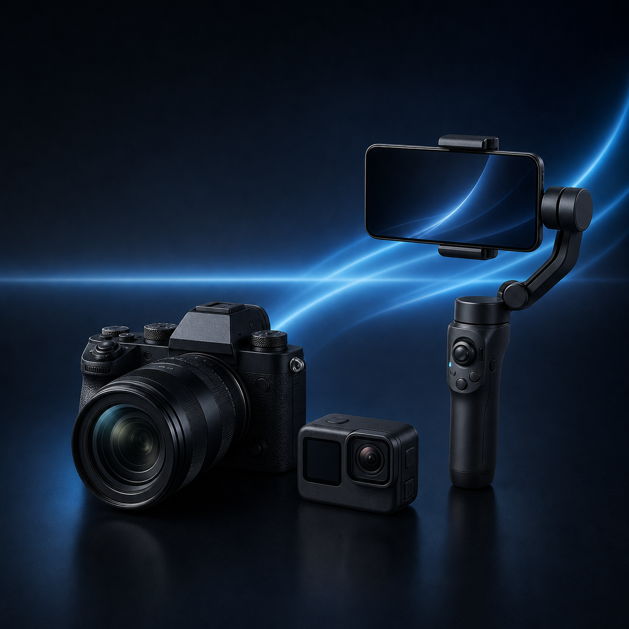 Camera collection with mirrorless camera, action camera and gimbal