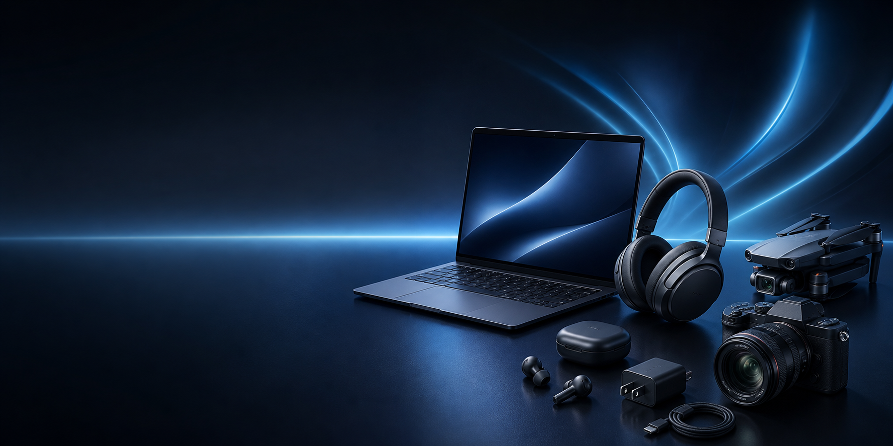 Premium consumer electronics in a dark blue technology studio